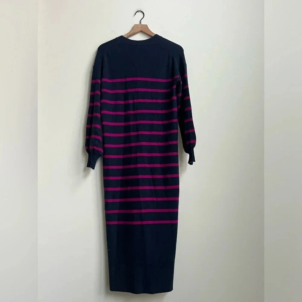 NEW ANN TAYLOR LOFT NAVY BLUE PINK STRIPED LONGLINE CARDIGAN SWEATER MIDI DRESS - Picture 10 of 15